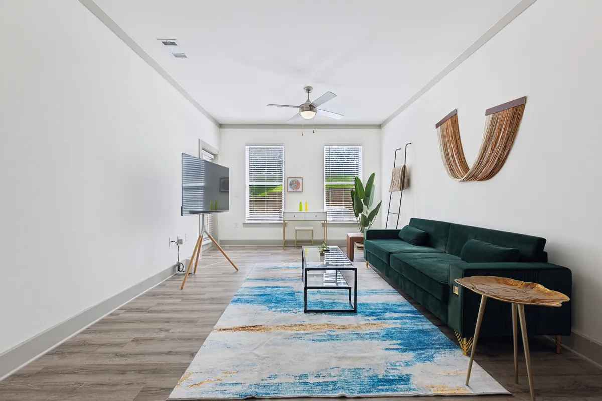 A cozy living space featuring a green sofa, blue and beige rug, TV on a stand, decorative wall art, and an indoor plant. The arrangement suggests a versatile area suited for both relaxation and entertainment.