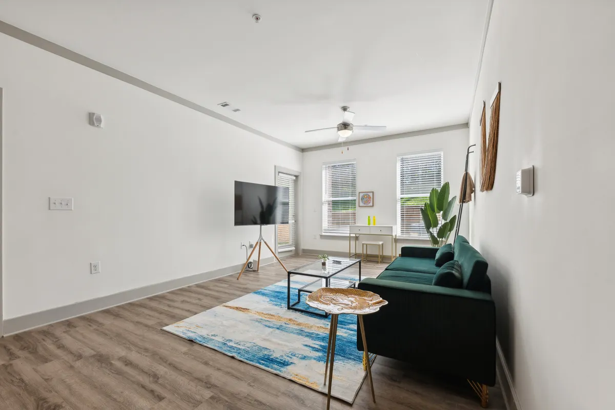 A stylish and modern living space with a green sofa, TV on a stand, a vibrant blue and yellow rug, a wooden side table, and an indoor plant. The area is designed for both relaxation and socializing, blending comfort with sophistication.